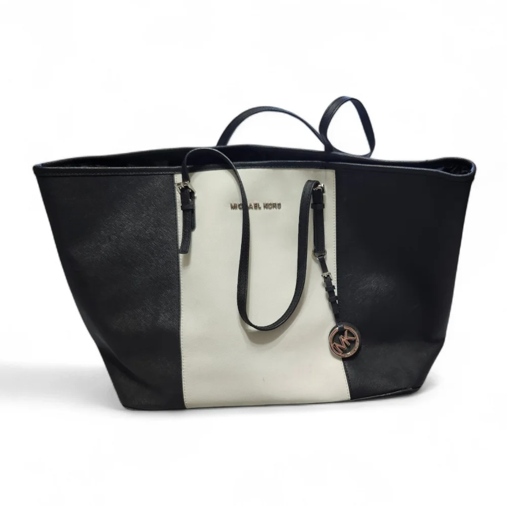 Michael Kors Large Tote Bag Black White Logo Shoulder Purse Travel Work Classic - Picture 3 of 9